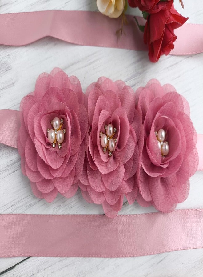 Oyabridal Dusty Pink Sash Belt for Girls,Flower Girl Sash Belt for Dresses,Chiffon Pearls Bridesmaid Dress Sash Belts - Image 2